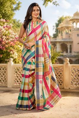 Multi color digital printed chanderi cotton ready to wear saree with blouse 1