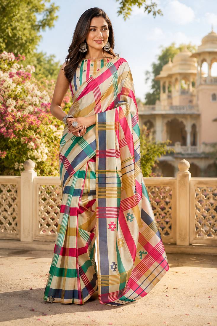 Multi color digital printed chanderi cotton ready to wear saree with blouse