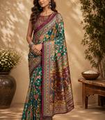 Rama green color digital printed chanderi cotton ready to wear saree with blouse