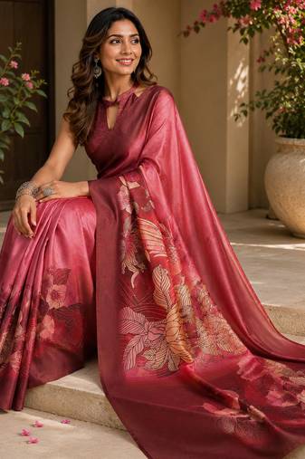 rose pink color digital printed chanderi ready to wear saree with blouse 