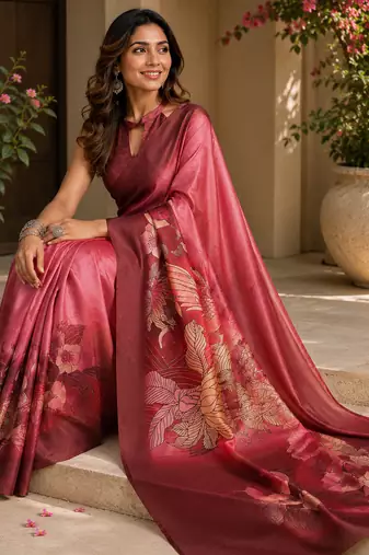 rose pink color digital printed chanderi ready to wear saree with blouse 
