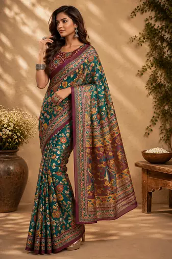 rama green color digital printed chanderi ready to wear saree with blouse 