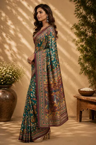 rama green color digital printed chanderi ready to wear saree with blouse 