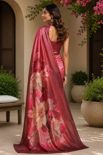 rose pink color digital printed chanderi ready to wear saree with blouse 