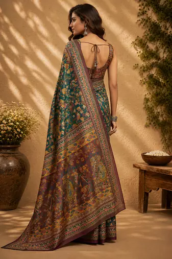 rama green color digital printed chanderi ready to wear saree with blouse 
