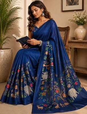 Navy blue color digital printed chanderi cotton ready to wear saree with blouse 1