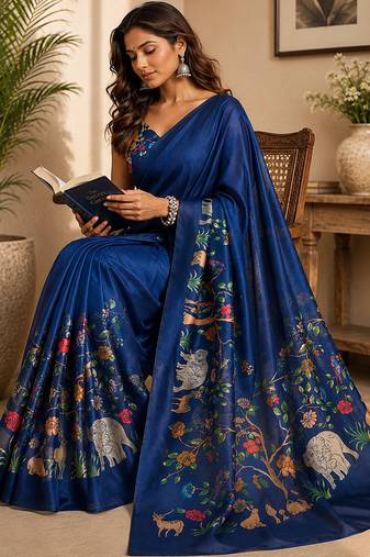 navy blue color digital printed chanderi ready to wear saree with blouse 