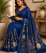 Navy blue color digital printed chanderi cotton ready to wear saree with blouse