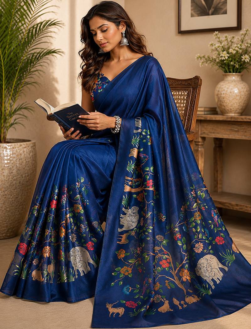 Navy blue color digital printed chanderi cotton ready to wear saree with blouse