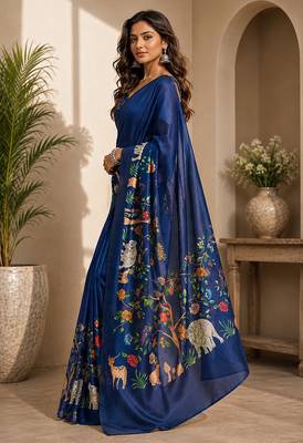 Navy blue color digital printed chanderi cotton ready to wear saree with blouse 3