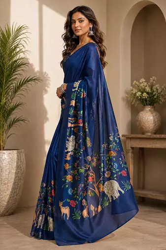 navy blue color digital printed chanderi ready to wear saree with blouse 