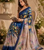Dark blue color digital printed chanderi cotton ready to wear saree with blouse