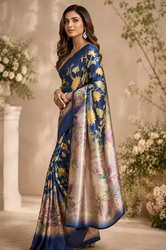 dark blue color digital printed chanderi ready to wear saree with blouse 