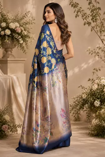 dark blue color digital printed chanderi ready to wear saree with blouse 