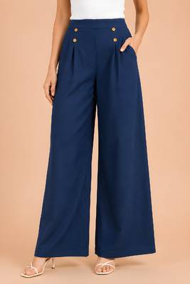 Navy blue cotton pleated wide-leg trousers for women 1