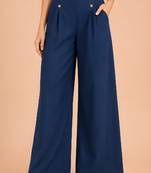 Navy blue cotton pleated wide-leg trousers for women