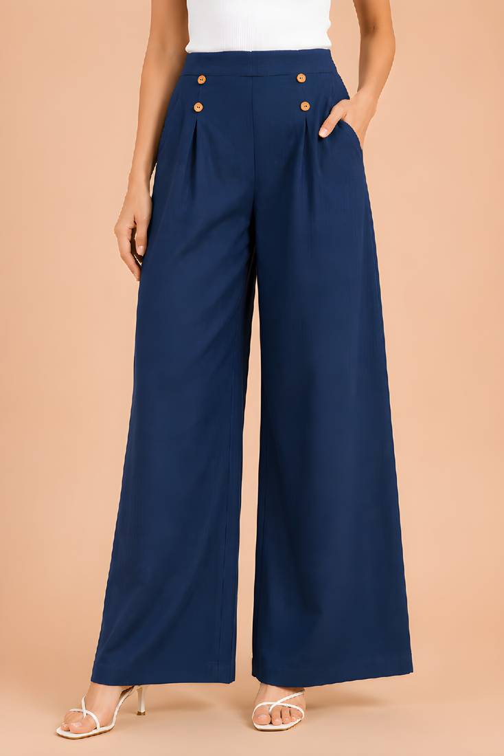 Navy blue cotton pleated wide-leg trousers for women