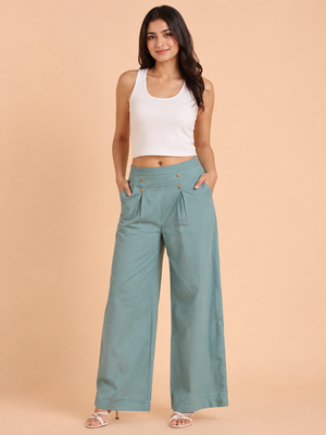 Misty blue cotton pleated wide-leg trousers for women 1