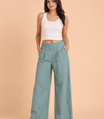 Misty blue cotton pleated wide-leg trousers for women