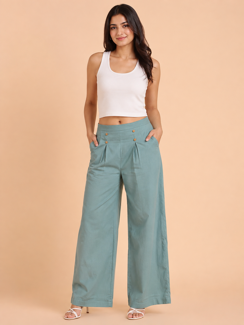 Misty blue cotton pleated wide-leg trousers for women