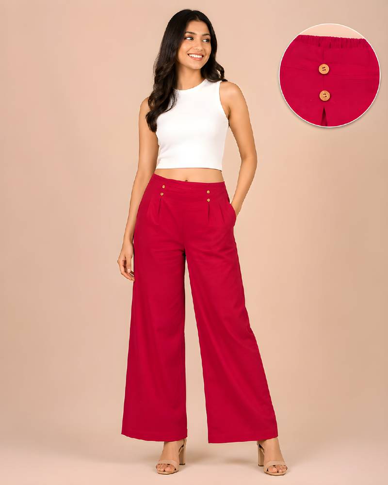 Maroon cotton pleated wide-leg trousers for women