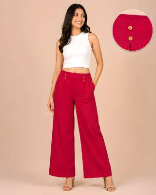 Maroon cotton pleated wide-leg trousers for women 1
