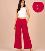 Maroon cotton pleated wide-leg trousers for women