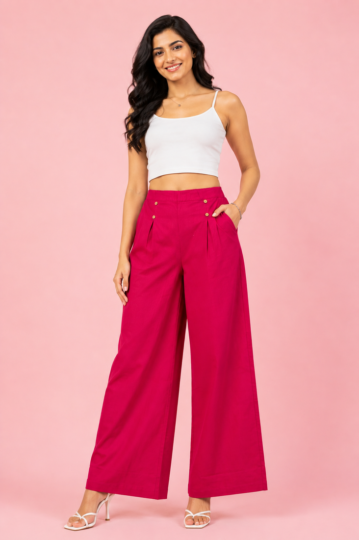 Fuchsia cotton pleated wide-leg trousers for women