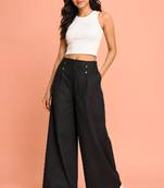 Black cotton pleated wide-leg trousers for women