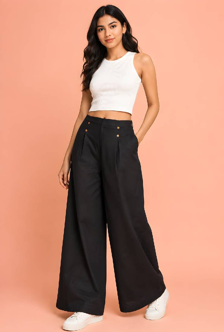 Black cotton pleated wide-leg trousers for women