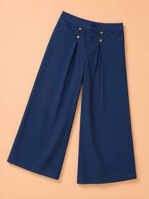 Navy blue cotton pleated wide-leg trousers for women 2