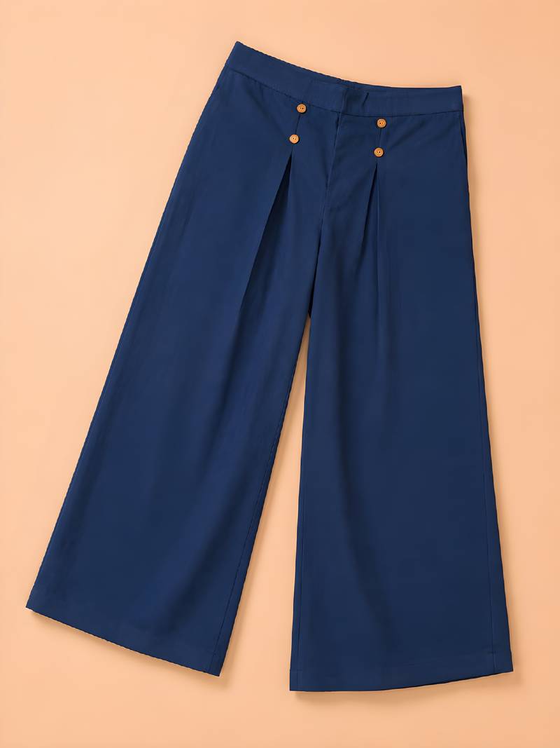 Navy blue cotton pleated wide-leg trousers for women