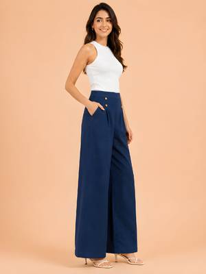 Navy blue cotton pleated wide-leg trousers for women 3
