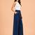 Navy blue cotton pleated wide-leg trousers for women