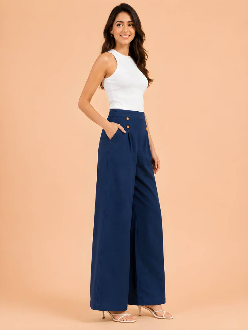 Navy blue cotton pleated wide-leg trousers for women