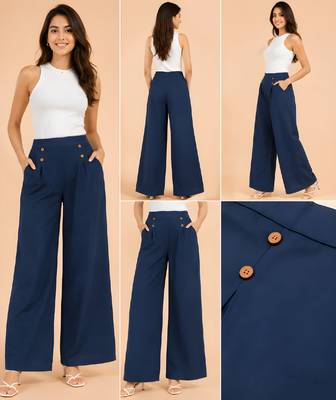 Navy blue cotton pleated wide-leg trousers for women 4