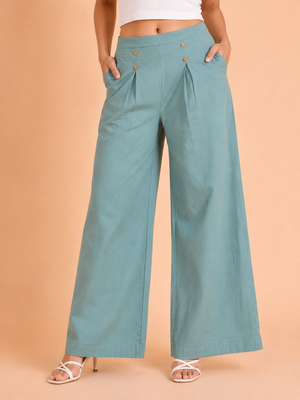Misty blue cotton pleated wide-leg trousers for women 2