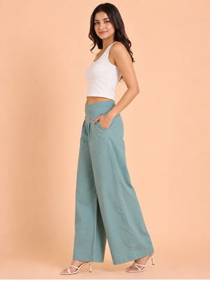 Misty blue cotton pleated wide-leg trousers for women 3