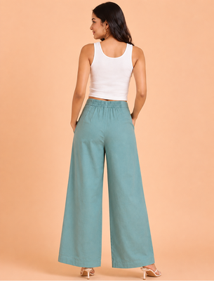 Misty blue cotton pleated wide-leg trousers for women 4