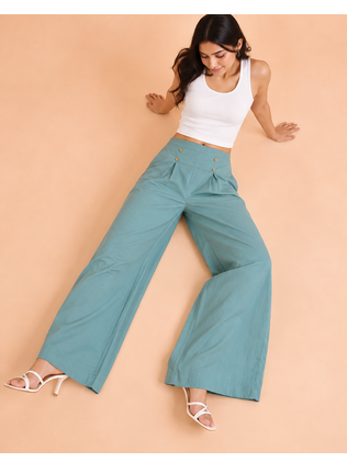 Misty blue cotton pleated wide-leg trousers for women 5