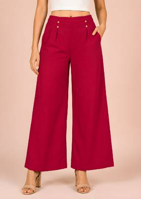 Maroon cotton pleated wide-leg trousers for women 2