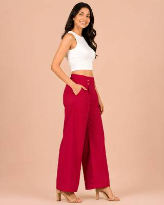 Maroon cotton pleated wide-leg trousers for women 3
