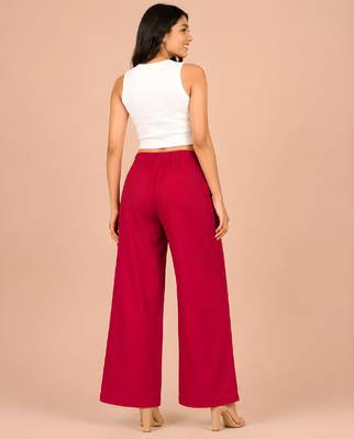 Maroon cotton pleated wide-leg trousers for women 4