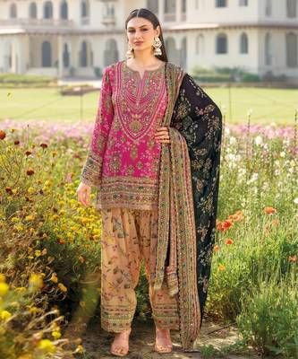Rani pink heavy chinon silk blend digital print hand work kurta pant dupatta set 1