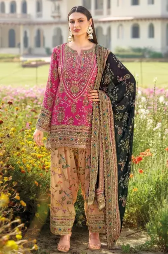 Rani pink heavy chinon silk blend digital print hand work kurta pant dupatta set