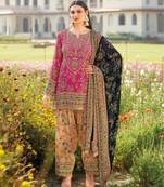 Rani pink heavy chinon silk blend digital print hand work kurta pant dupatta set