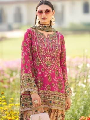Rani pink heavy chinon silk blend digital print hand work kurta pant dupatta set 2
