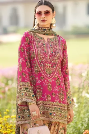 Rani pink heavy chinon silk blend digital print hand work kurta pant dupatta set