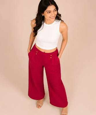 Maroon cotton pleated wide-leg trousers for women 5