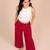 Maroon cotton pleated wide-leg trousers for women